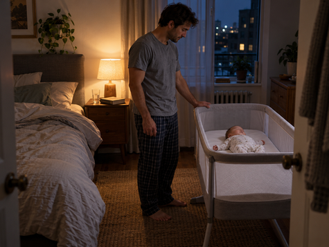 Parent standing beside a safely sleeping baby in a separate bassinet during the night.