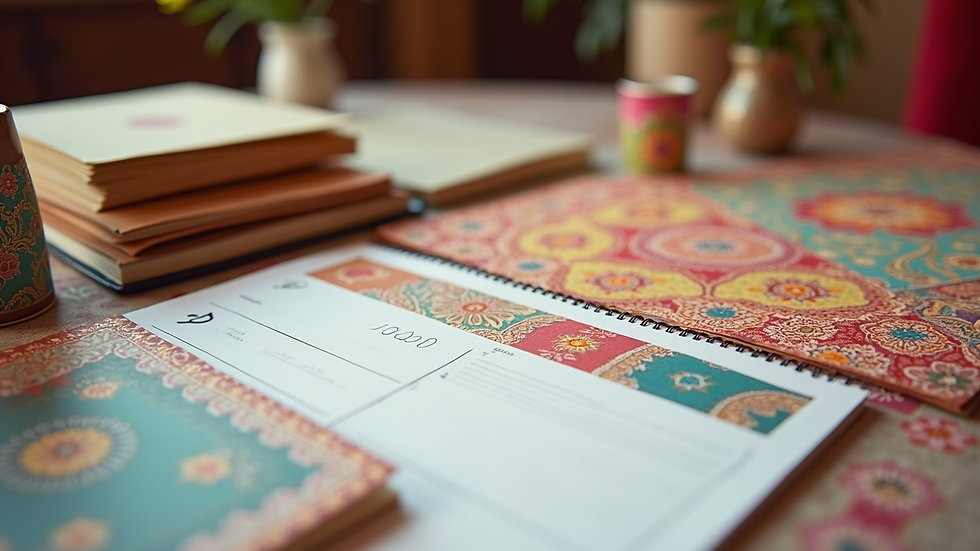 Close-up view of a wedding planner’s desk with colourful Indian wedding décor samples and planning notes