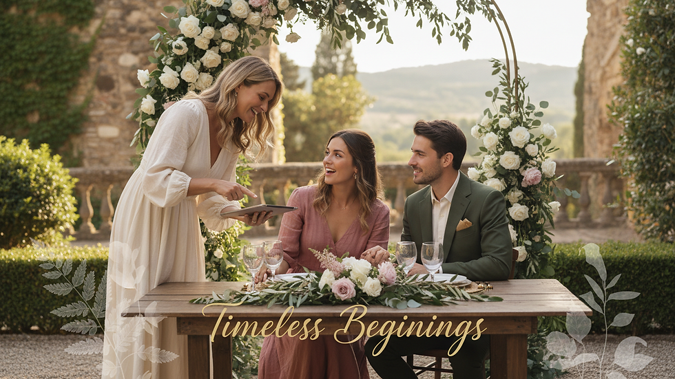 Eye-level view of a wedding planner discussing details with a couple