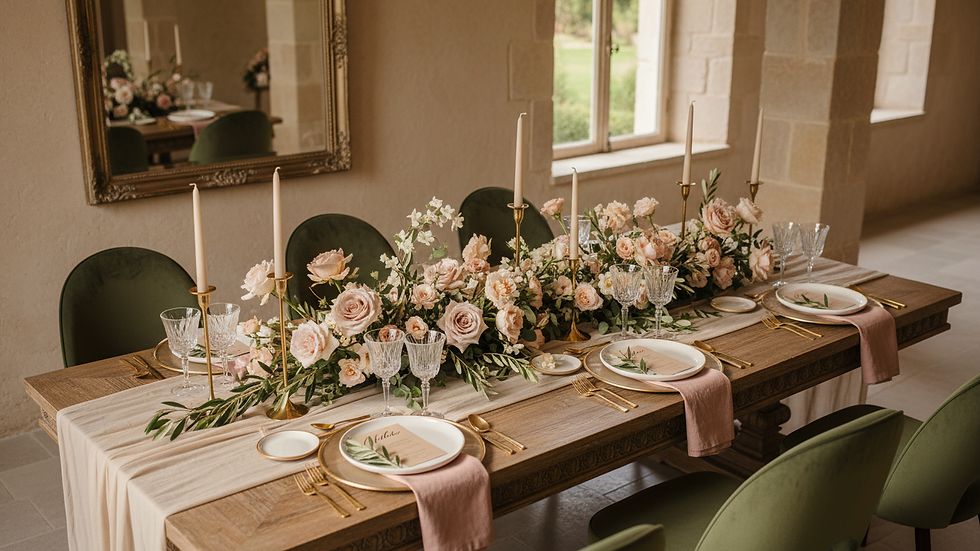 High angle view of a beautifully set wedding dining table with elegant floral centerpieces