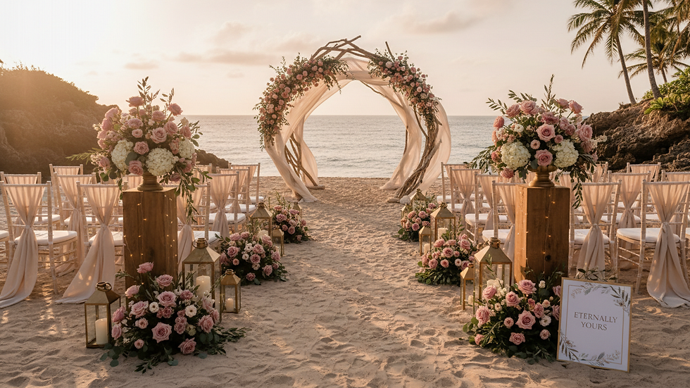 Wide angle view of a scenic beach wedding setup with elegant seating and floral decorations