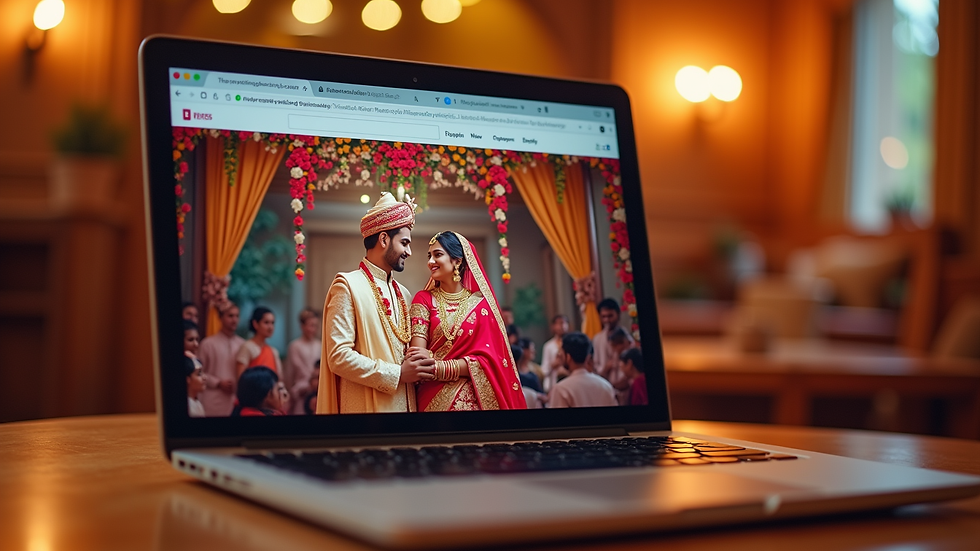 Eye-level view of a laptop displaying an Indian wedding website with vibrant traditional motifs