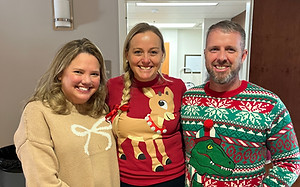 Members of St. Matthew’s wearing festive Christmas sweaters during Crazy Sweater Day and Hot Cocoa Bar Sunday.