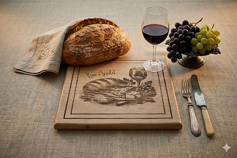 Pain, vin, raisins, planche