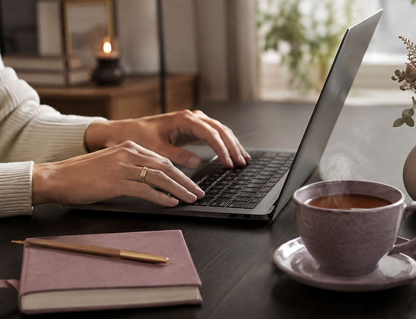 Mains tapant sur un ordinateur portable à côté d'un café chaud et d'un carnet.