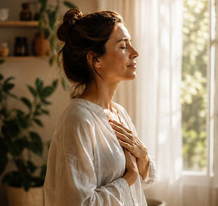Femme méditant face à une fenêtre ensoleillée.