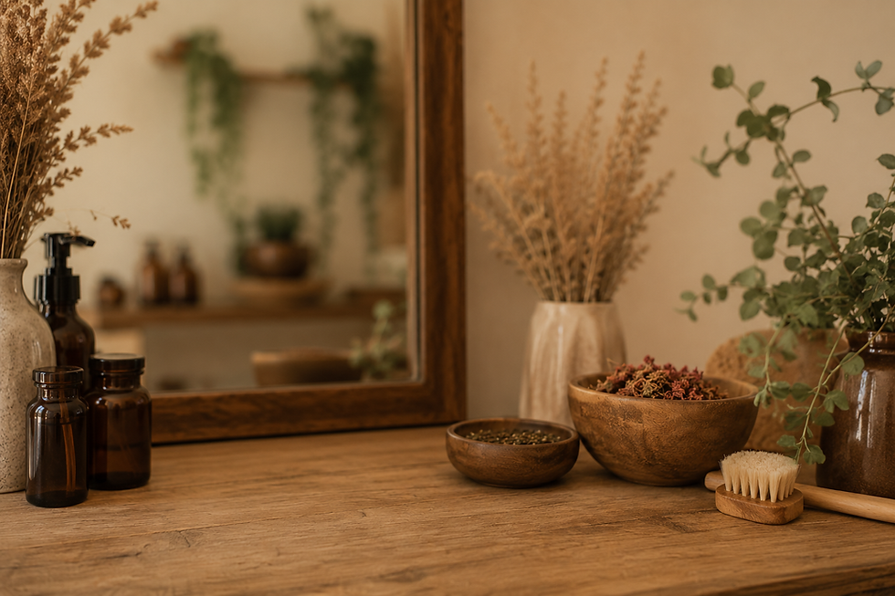 Produits de soin naturels sur un meuble en bois.