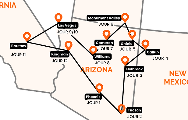 Carte d'Arizona, avec villes comme Las Vegas, Phoenix, et trajets routiers. America Voyages.