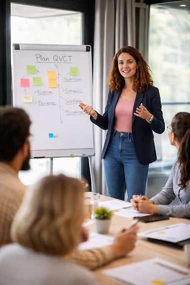 Femme souriante présente un tableau blanc avec "Plan QVCT" à des collègues.