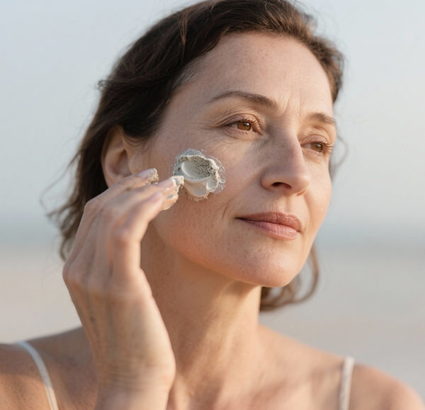 Femme applique un masque facial. Cosmetique mer morte pour le visage.