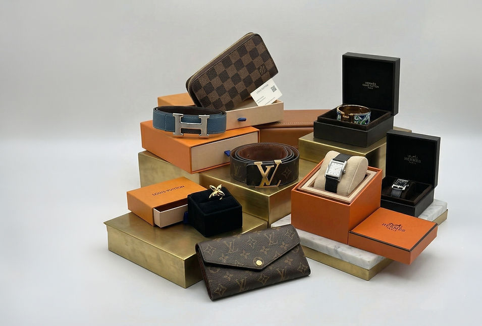 Accessoires de luxe: montres, ceintures, portefeuilles.