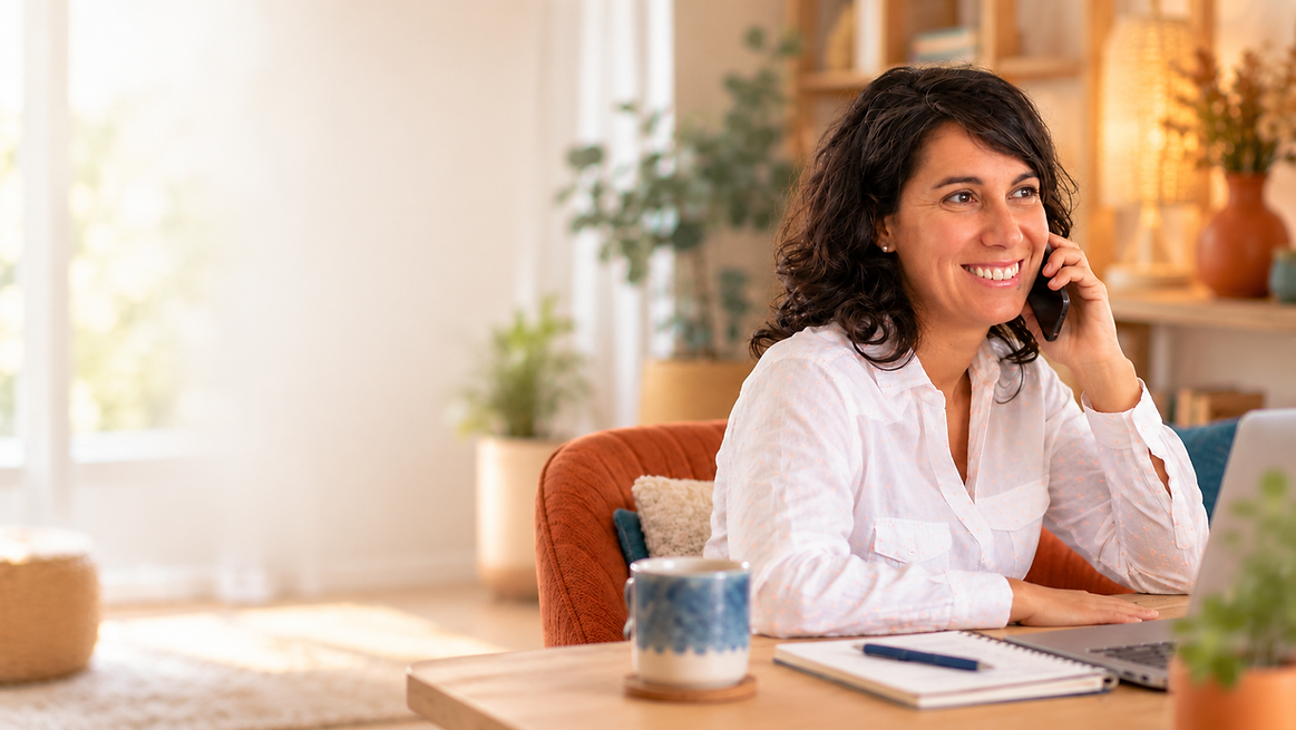 Femme souriante au téléphone travaillant sur son ordinateur