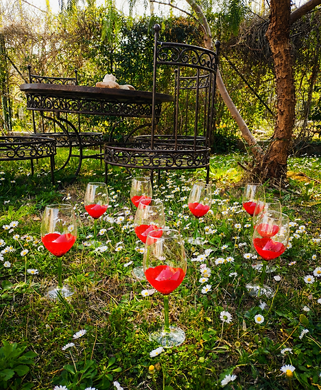 Verres de vin rouge disposés dans un jardin fleuri.