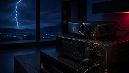 Vidéoprojecteur et amplificateur audio devant un éclair.