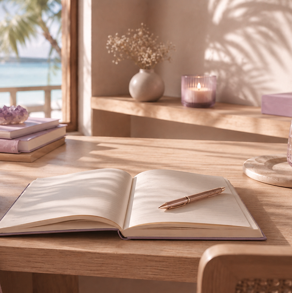 Carnet ouvert sur table en bois, ambiance voyance Réunion