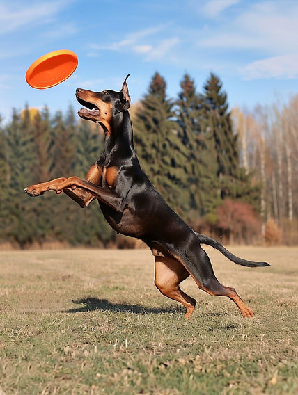 Doberman sautant pour attraper un frisbee