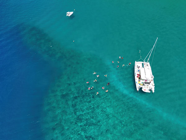 Aerial view of people snorkeling near a catamaran