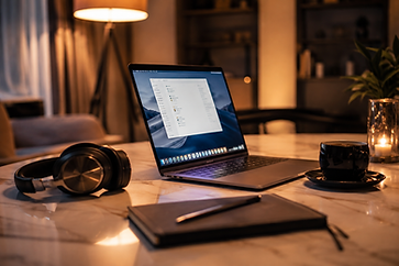 Espace de travail avec ordinateur portable, casque et carnet