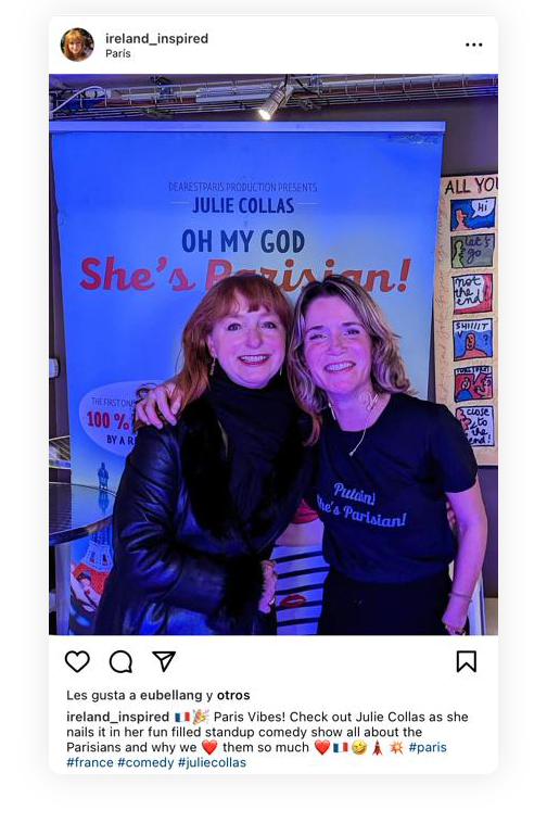 julie collas and a spectator after her english comedy show in paris