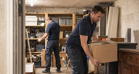 Deux hommes dans un débarras, l'un porte une boîte.