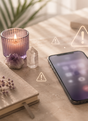 Smartphone sur un bureau avec symboles d'alerte et bougie.