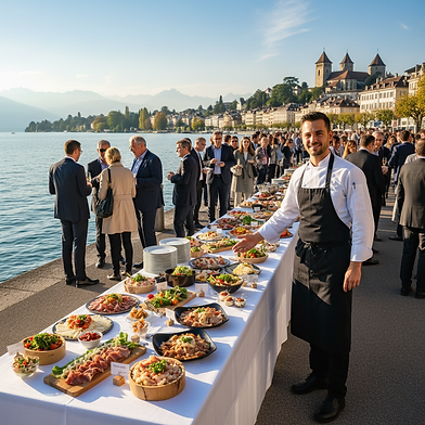 Chef présente un buffet Traiteur Neuchâtel, vue panoramique de la ville, repas et clients.