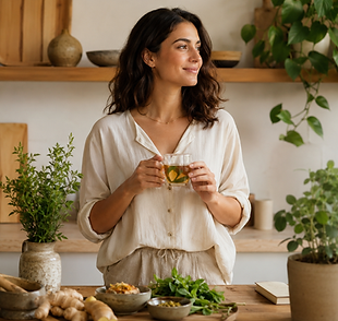 Femme souriante buvant une infusion Mini-cures dans sa cuisine.