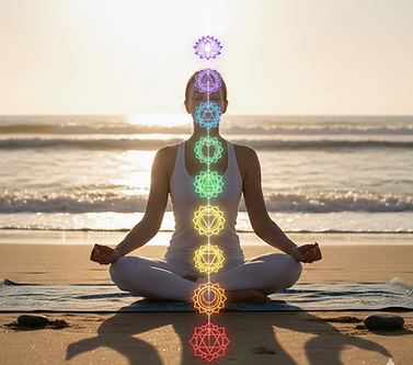 Femme médite sur la plage au soleil levant, ses chakras illuminés.