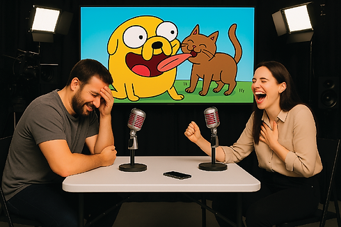Deux personnes rient devant des micros et un écran avec un dessin animé.