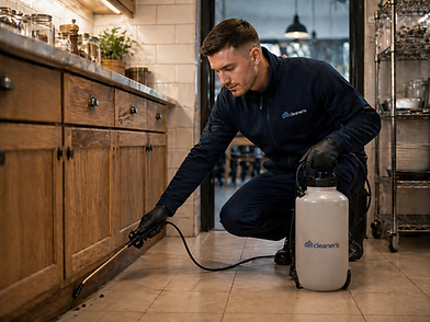 Technicien pulvérisant un produit anti cafard contre les nuisibles.