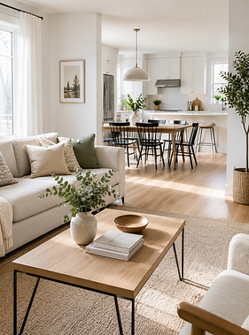 Salon moderne à la décoration sobre et aux meubles en bois
