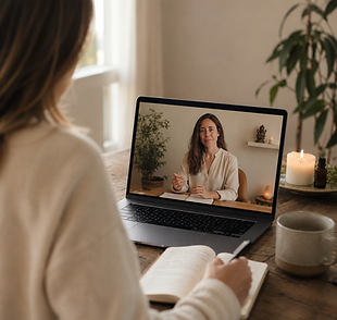 Séance d'accompagnement ayurvédique en ligne sur ordinateur.