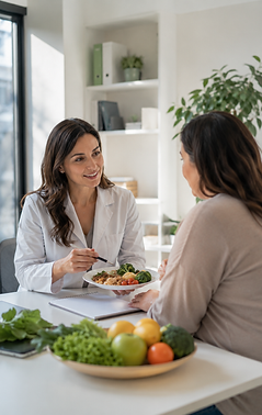 Médecin conseillant une patiente sur la nutrition avant une chirurgie de l'obésité.