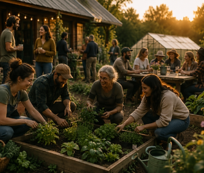 Personnes cultivant un jardin et se réunissant dehors.