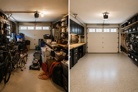 Avant et après : un garage encombré contre un garage bien rangé après le passage d'une home organizer à quebec