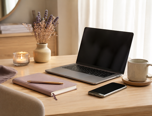 Ordinateur portable, carnet et café. Contactez Roxane Guelia.