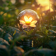 Fleur lumineuse dans une ampoule posée dans l'herbe