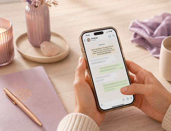 Mains tenant un smartphone pour une consultation immédiate par message sur un bureau décoré.