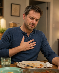 Homme souffrant de reflux gastro-œsophagien à table.