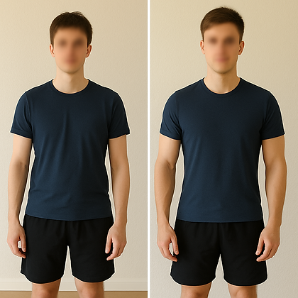 Homme en t-shirt bleu marine, comparaison avant et après transformation physique.