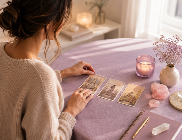 Femme tirant des cartes de tarot sur une table violette.