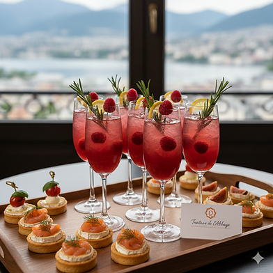 Plusieurs cocktails rouges et amuse-gueules sur plateau avec vue panoramique
