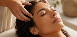 Femme recevant un massage crânien ayurvédique relaxant.
