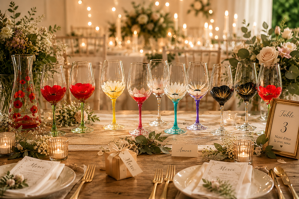 Verres à vin peints à la main sur une table de mariage.