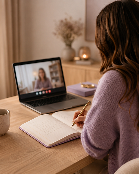 Femme en consultation de voyance par vidéo sur son ordinateur
