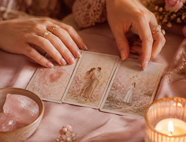 Mains tirant des cartes de tarot pour une voyance de l'amour.