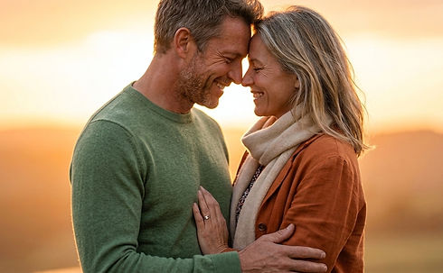 Couple souriant front contre front au coucher du soleil