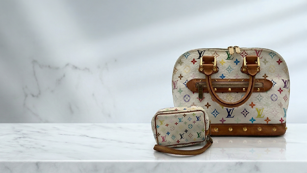 Grand et petit sac Louis Vuitton colorés sur marbre