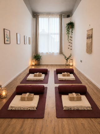 Salle de méditation calme avec tapis et coussins.