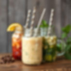 vintage and natural looking mason jars filled with drinks and metal straws, this is for a